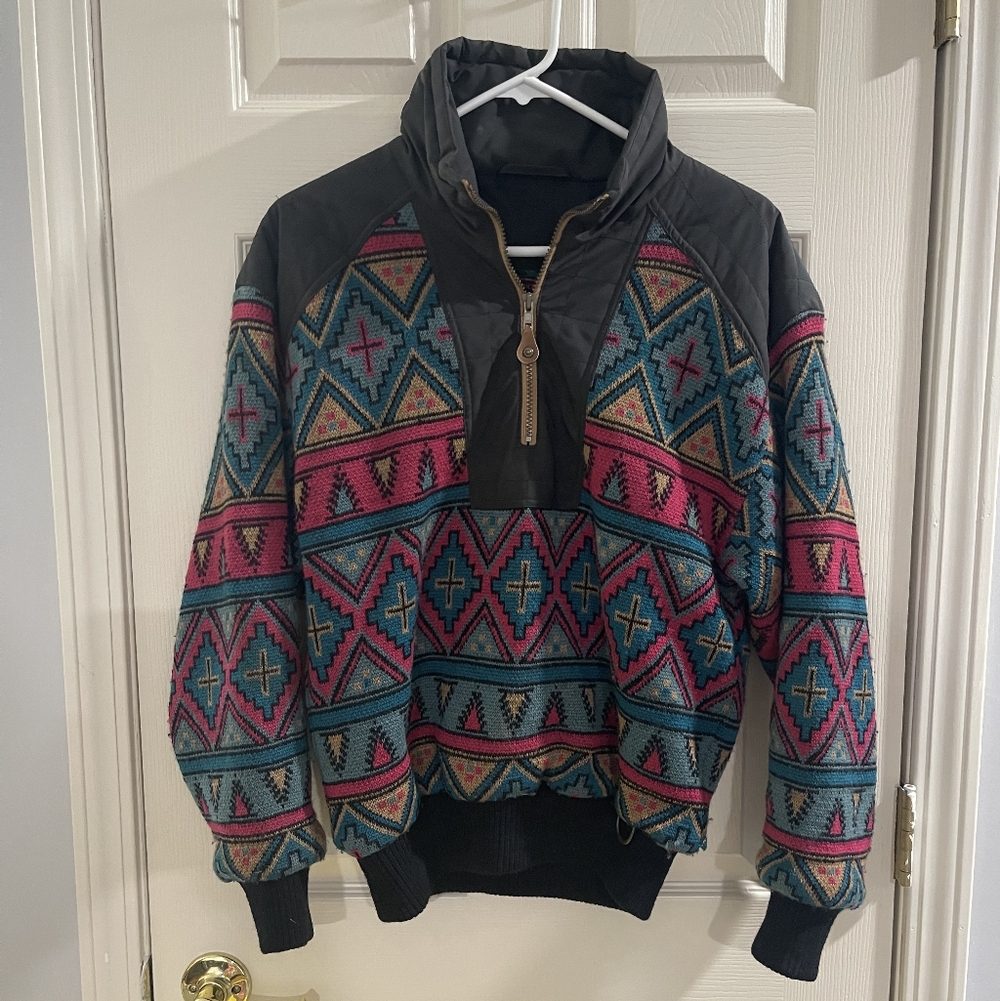 Skiing Passport Vintage Unisex 100% Wool Pullover 1/4‎ Zip Aztec Print Sweater M
